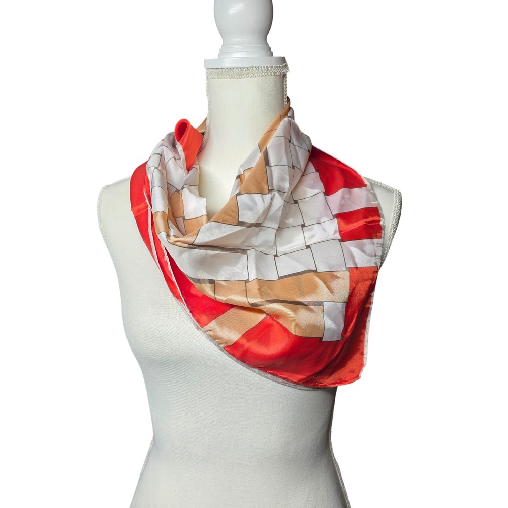 Vintage Style Geometric Woven Print Square Scarf Orange Tan White Satin OS